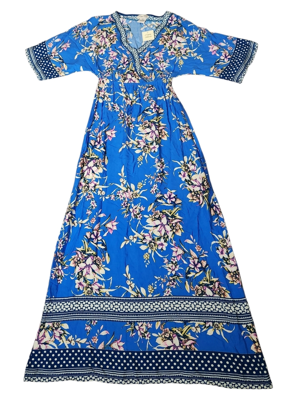 NWT Flying Tomato Maxi Wrap Dress Women's S Blue Floral Kimono Sleeve Greek Soft